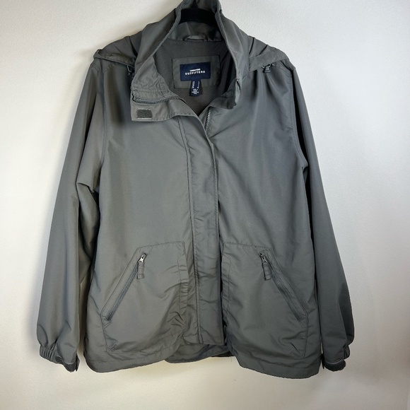 Lands End Women's Jacket Gray Lined Pockets Tuck Away Hood Cinch Hem Large Nylon - Picture 1 of 16
